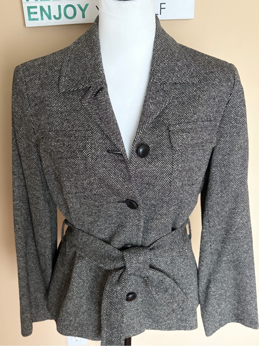 Jones New York Gray Herringbone Belted Blazer